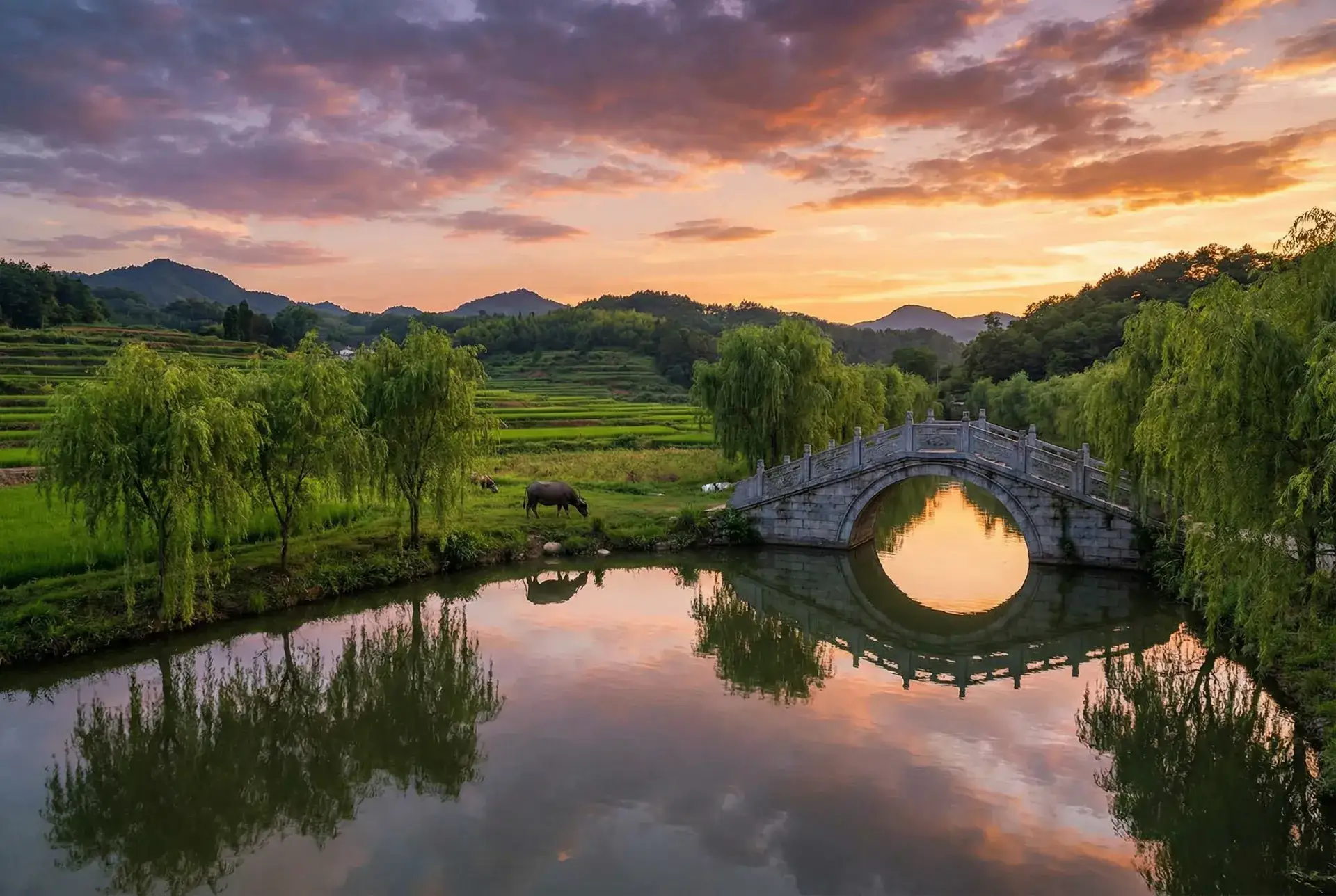夕阳下的石拱桥与垂柳，水牛在河边吃草 - 仓木志乃 乡村美景